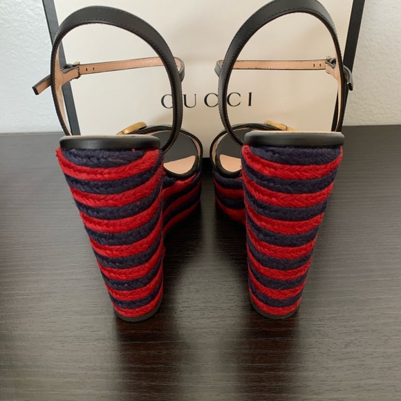 WOMENS GUCCI MARMONT LIFFORD BLACK LEATHER HEEL PLATFORM ESPADRILLE WEDGE SIZE 7 - Picture 5 of 9